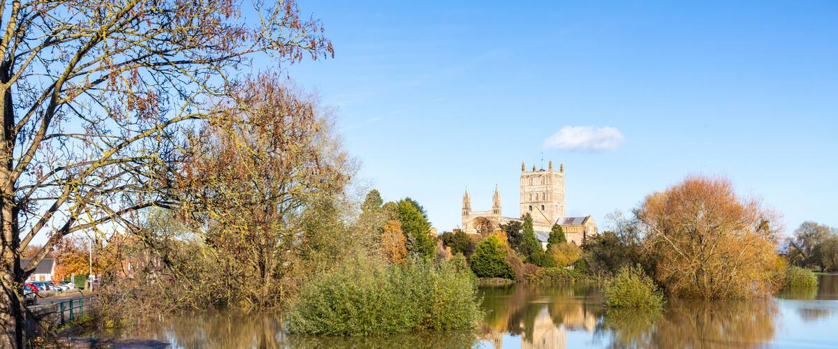 Tewkesbury Abbey reflected in floodwater on 18/11/2019. Tewkesbury, Severn Vale, Gloucestershire UK