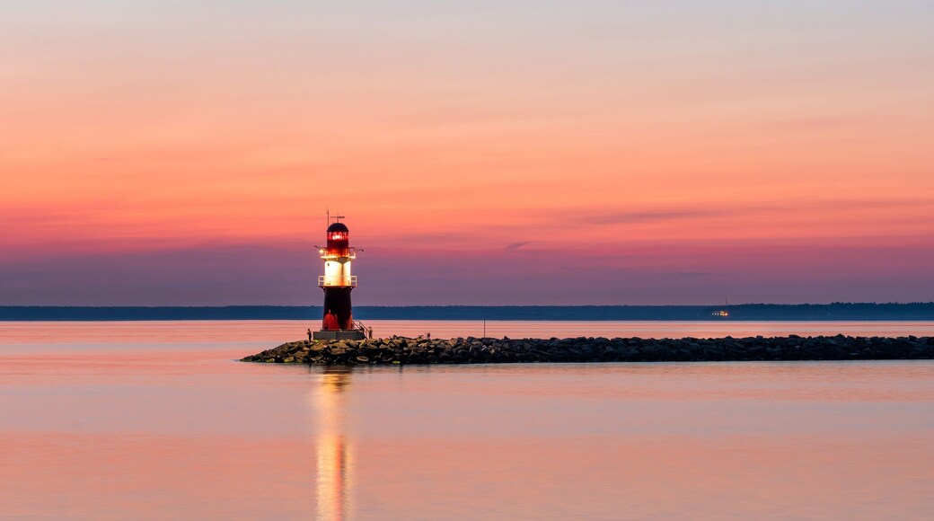 Lighthouse Ostmole Warnemünde at sunrise, Rostock, Germany