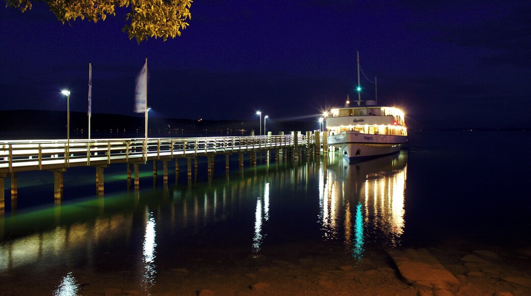 The cruise ship MS Bayern docking to unload passengers on the Starnberger See at night.