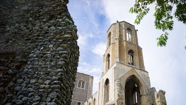 A historic stone building with a tall bell tower and arched windows.