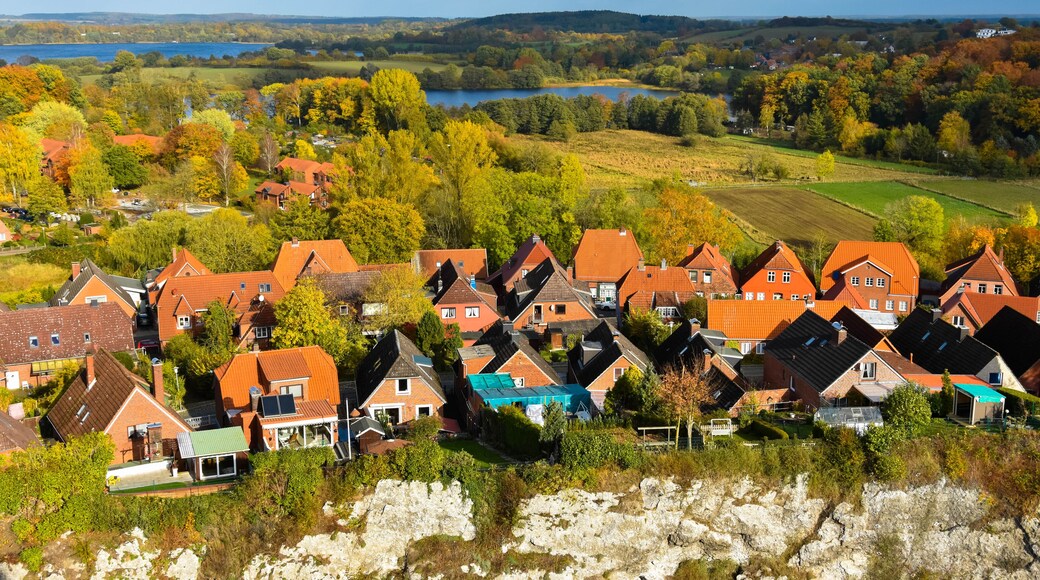 Un village aux maisons aux toits rouges, avec un lac et un paysage automnal.