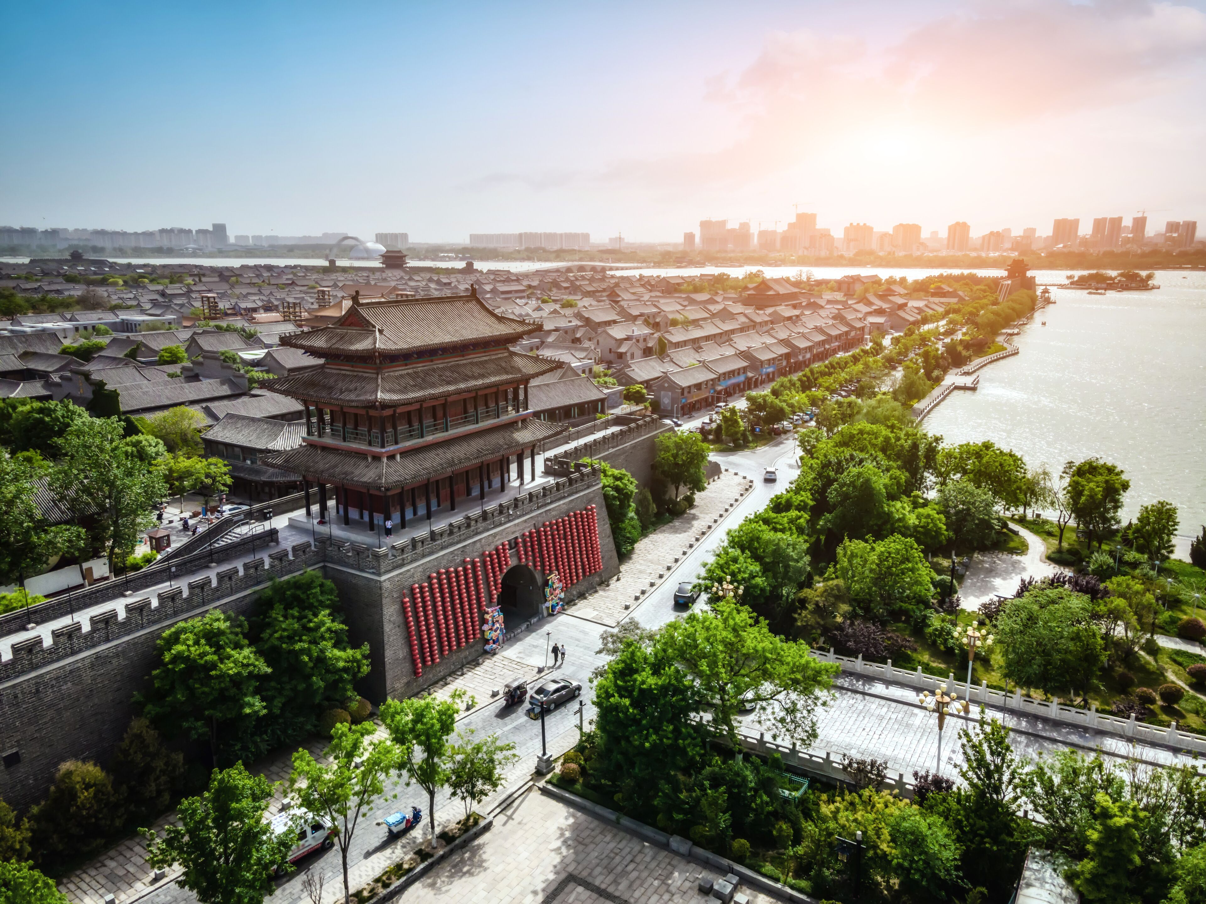 Aerial panorama of Dongchang ancient city in Liaocheng, Shandong Province