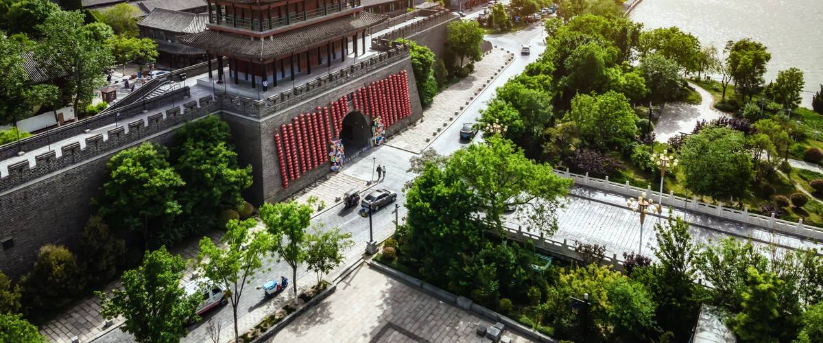 Aerial panorama of Dongchang ancient city in Liaocheng, Shandong Province