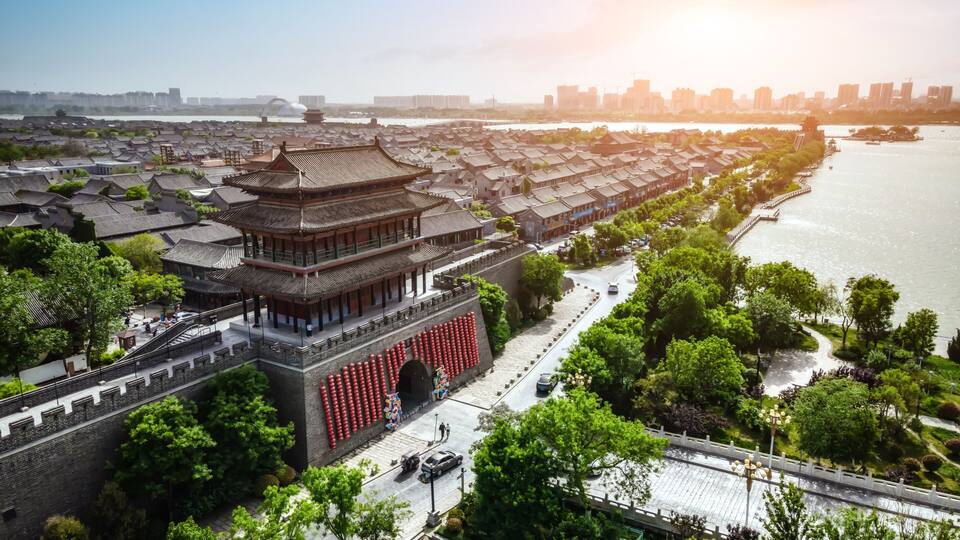 Aerial panorama of Dongchang ancient city in Liaocheng, Shandong Province