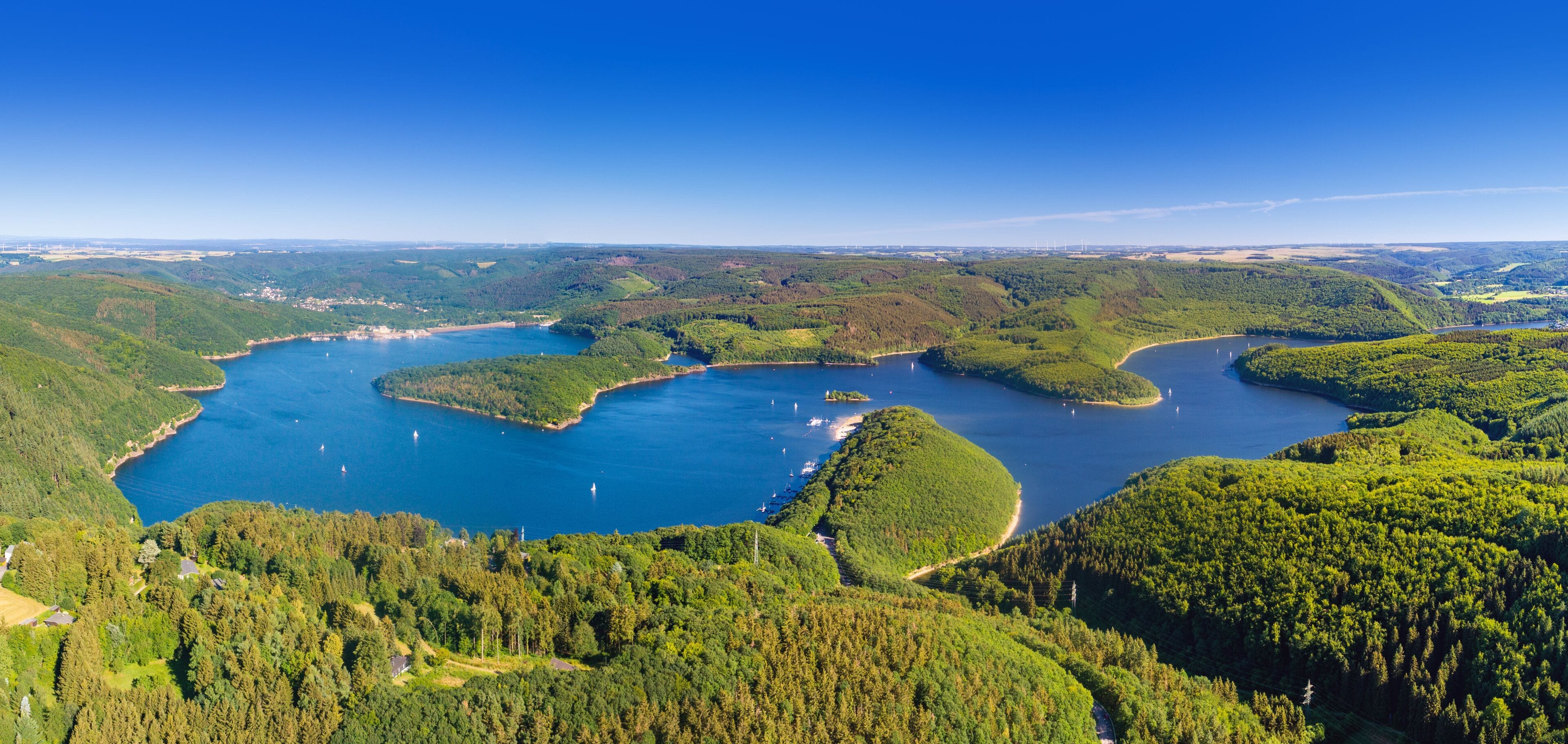 Un paysage côtier avec une vaste baie entourée de forêts denses et un ciel bleu clair.