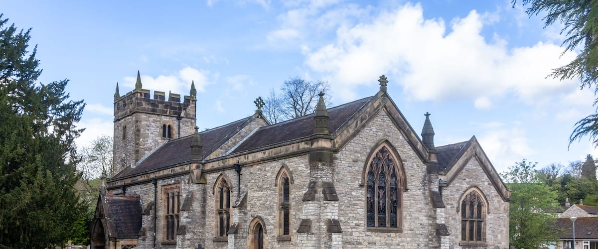 Holy Trinity Church, Ashford-in-the-Water. A 13th Century Norman Church in the Peak District, Derbyshire. From South East.