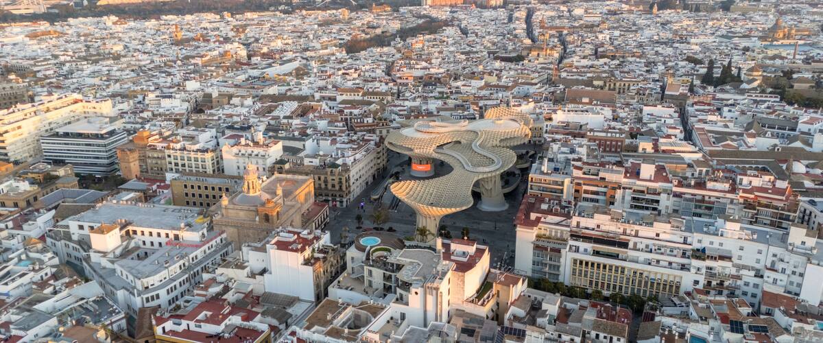 Aerial View of Modern Architecture of Sevilla, Spain in a Historic Cityscape