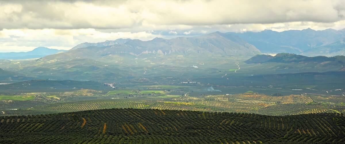 Cloudy landscape with Sierra Magina in the background seen from Ubeda, province of Jaen, Spain