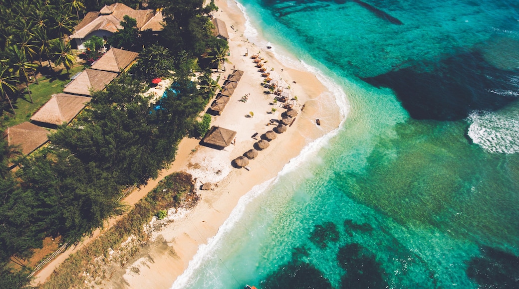Top view aerial photo from flying drone of a beautiful view on a Asian island with luxury hotels and rental villas near sea with amazing landscape with copy space for your advertising text message