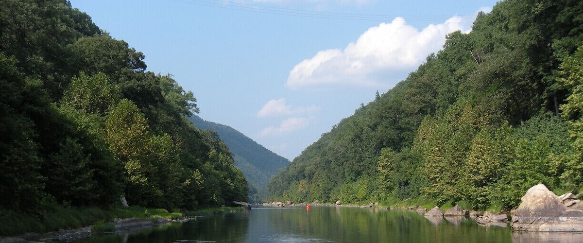 A calm river flanked by dense green forests and rocky banks under a clear sky.