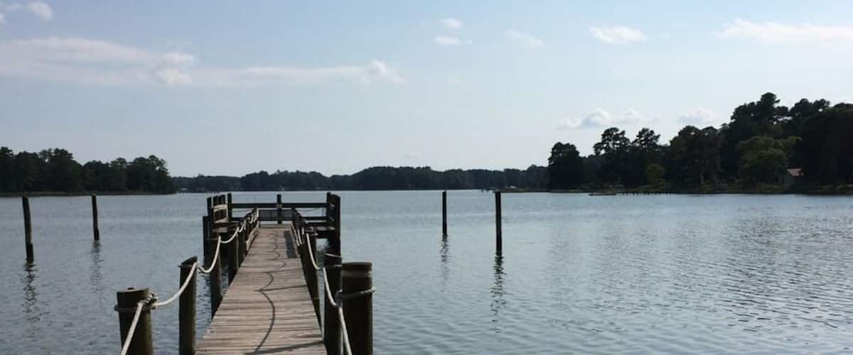 A wooden pier extending into calm water, surrounded by trees and a clear sky.