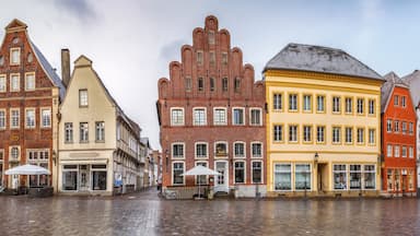 A row of colorful historic buildings with a cobblestone street.