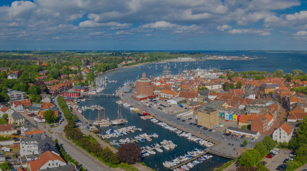 Panorama aerial view of port town Eckernförde popular tourist destination on the coast of the Baltic Sea in northern Germany, Rendsburg-Eckernförde, Schleswig-Holstein.