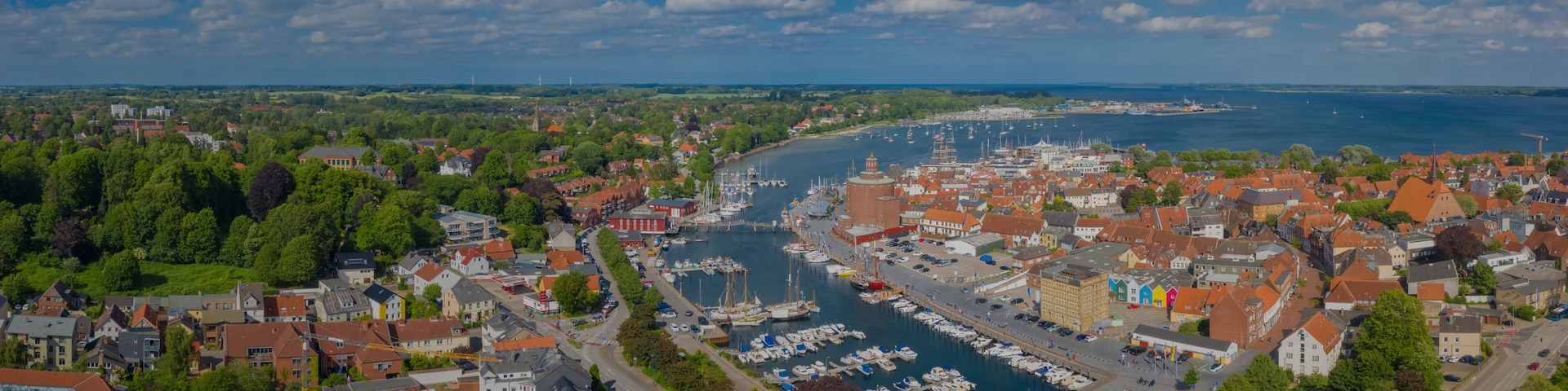 Panorama aerial view of port town Eckernförde popular tourist destination on the coast of the Baltic Sea in northern Germany, Rendsburg-Eckernförde, Schleswig-Holstein.