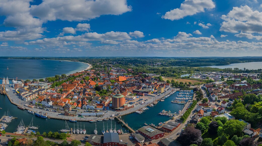 Panorama aerial view of port town Eckernförde popular tourist destination on the coast of the Baltic Sea in northern Germany, Rendsburg-Eckernförde, Schleswig-Holstein,the harbour of a fishing village