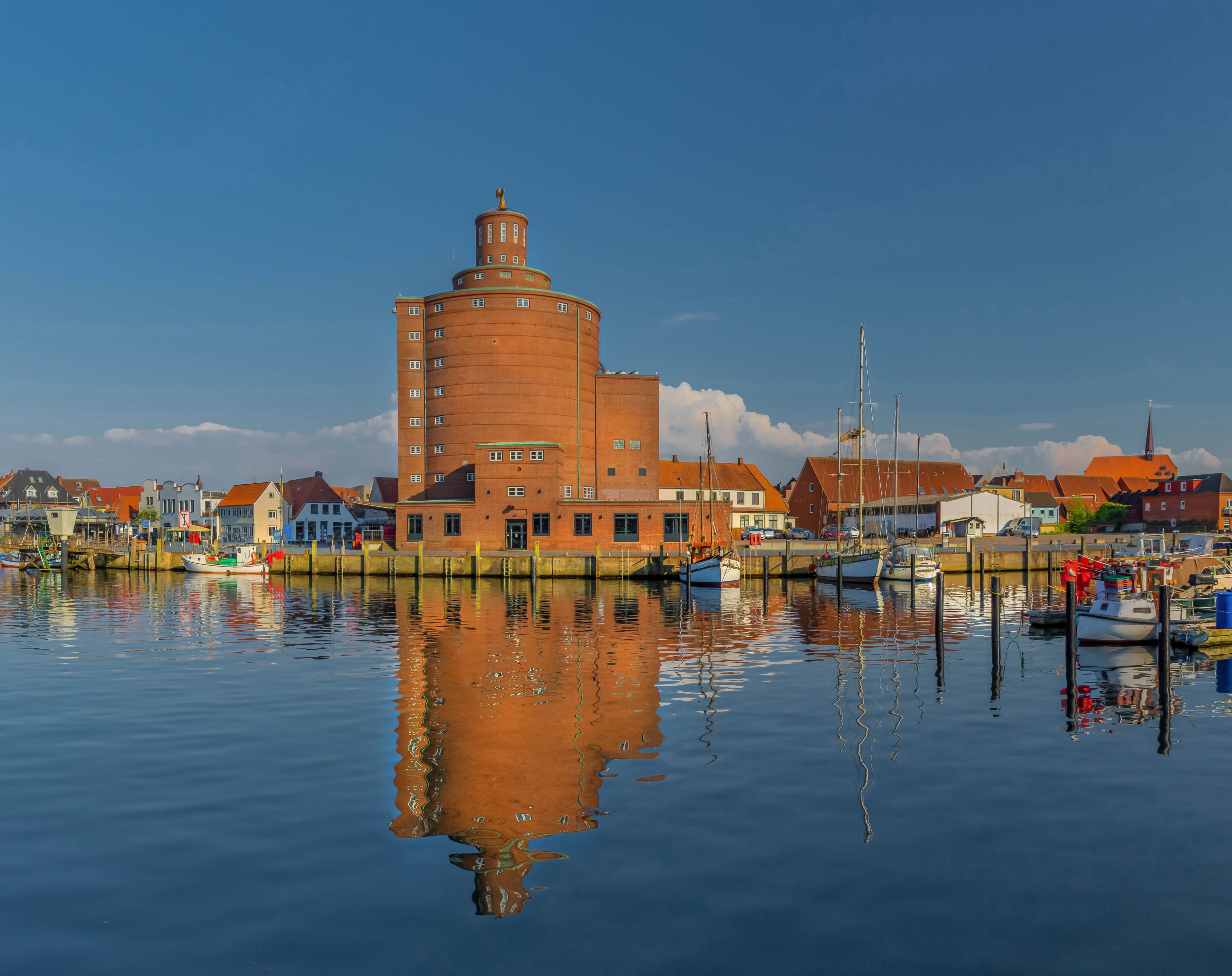 Eckernforde fishing harbour and round silo in port town Eckernförde and popular tourist destination on the coast of the Baltic Sea in northern Germany, Rendsburg-Eckernförde, Schleswig-Holstein