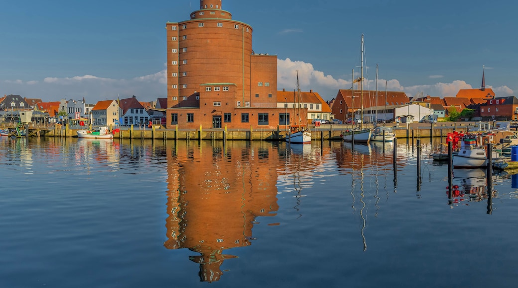Eckernforde fishing harbour and round silo in port town Eckernförde and popular tourist destination on the coast of the Baltic Sea in northern Germany, Rendsburg-Eckernförde, Schleswig-Holstein