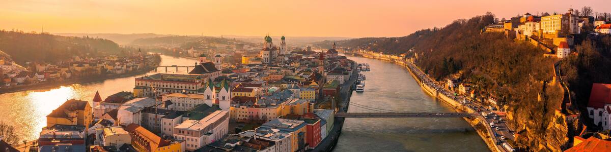 BEautiful city of Passau, Bavaria, Germany, at sunset in winter