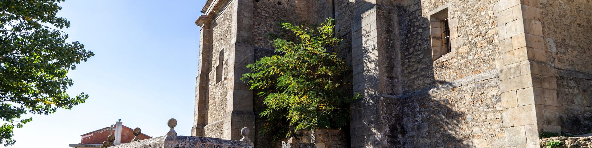 Stone staircase leading to the historic Church of Saint Mary in the village of Villarén de Valdivia, Palencia, Spain