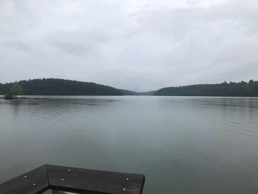 This photo was taken from the pier at Goose Point campground. Looking down Philpott lake you can see the dam from Goose Point.