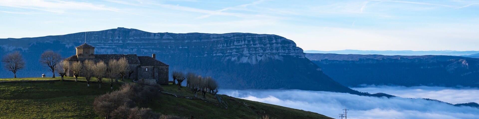 Sanctuary of San Miguel de Aralar high up between mountains and clouds, Navarre