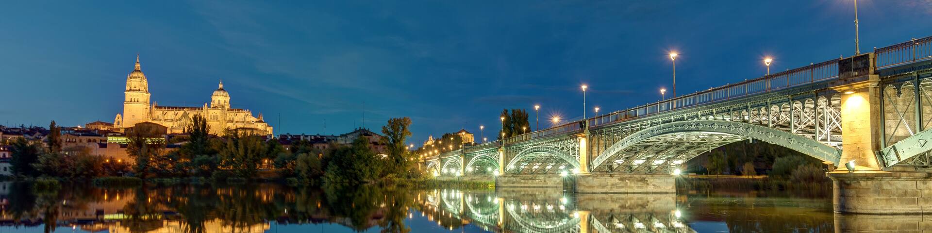 The Cathedral of Salamanca and the river Tormes with the Puente de Enrique Estevan at night