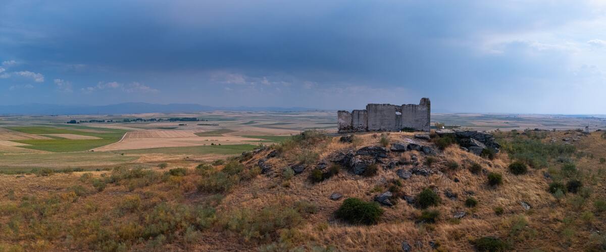 Aerial view from a drone of the ruins of the San Isidro de Domingo García Hermitage in Bernardos, Segovia Province, Castile and León, Spain, Europe