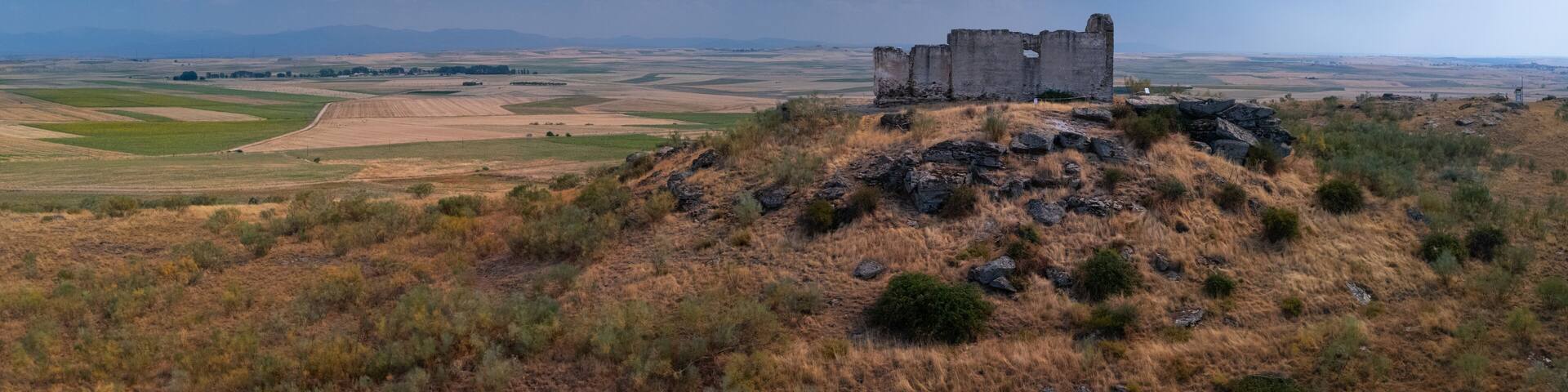 Aerial view from a drone of the ruins of the San Isidro de Domingo García Hermitage in Bernardos, Segovia Province, Castile and León, Spain, Europe