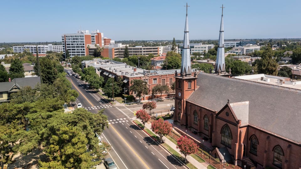 Daytime aerial view of the historic downtown district of Fresno, California, USA.