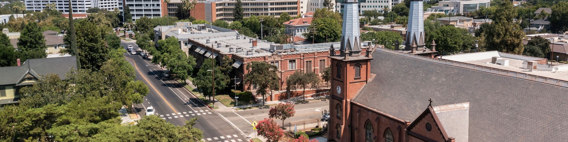 Daytime aerial view of the historic downtown district of Fresno, California, USA.