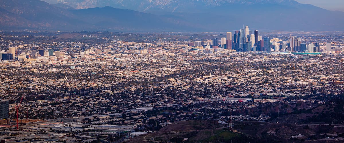 Wide Downtown Los Angeles Snow Peaked Mountains Aerial Photography