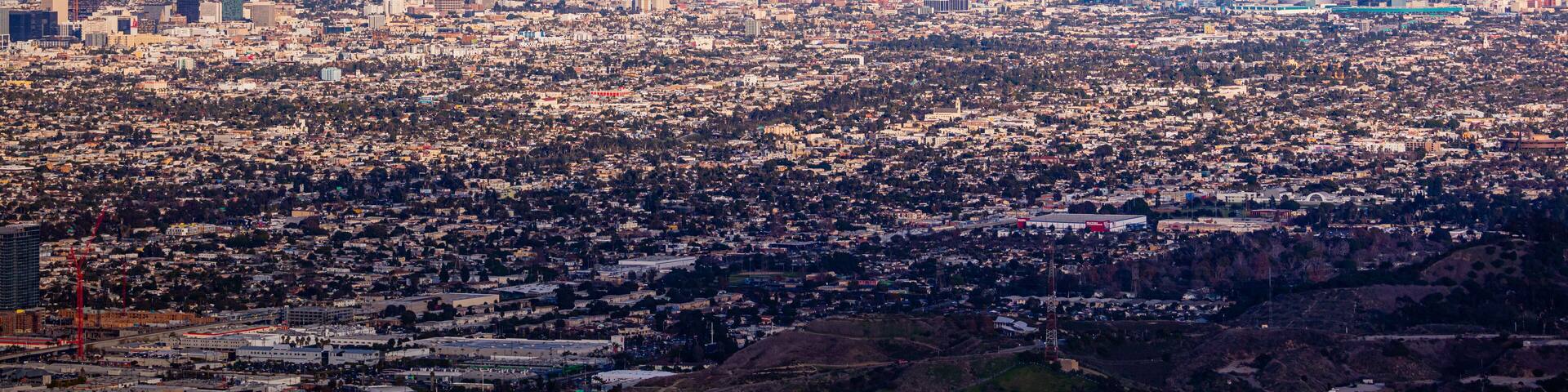 Wide Downtown Los Angeles Snow Peaked Mountains Aerial Photography