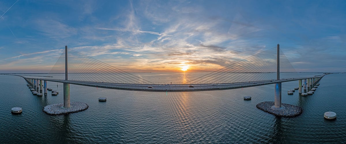 Drone panorama of Sunshine Skyway Bridge over Tampa Bay at sunset
