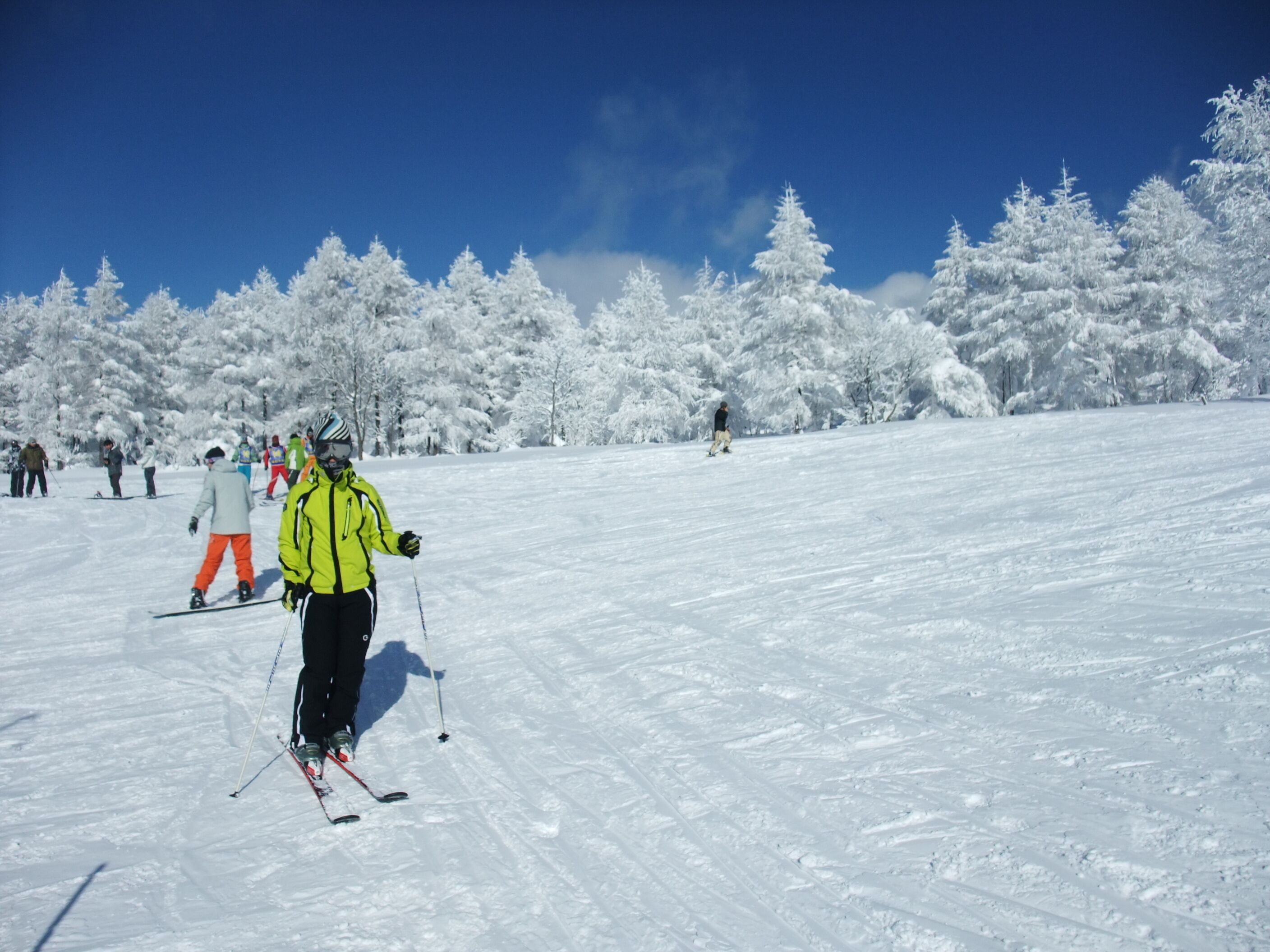 Pista de esquí nevada con esquiadores y un cielo azul despejado.