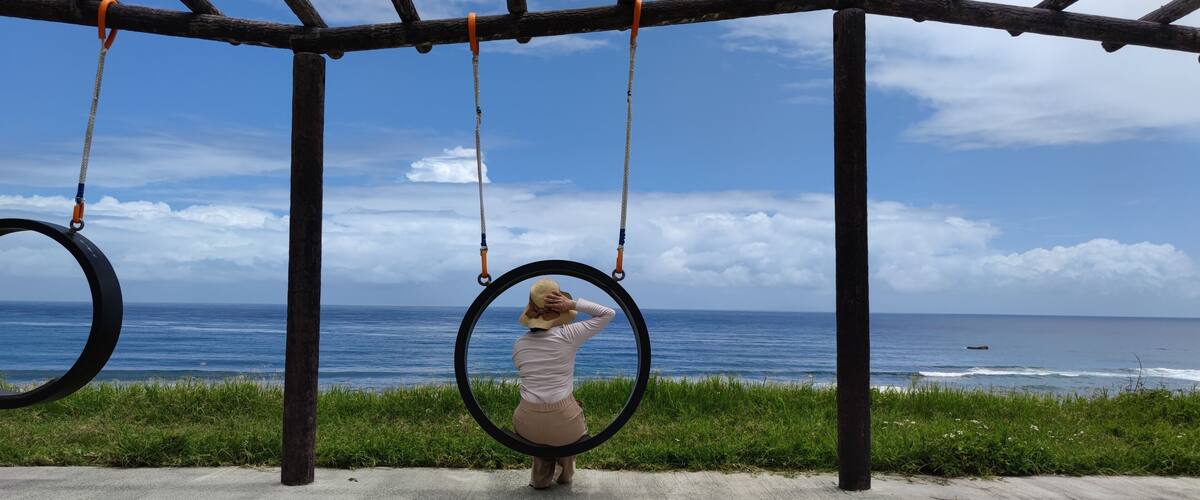 A person on a swing overlooking the ocean.