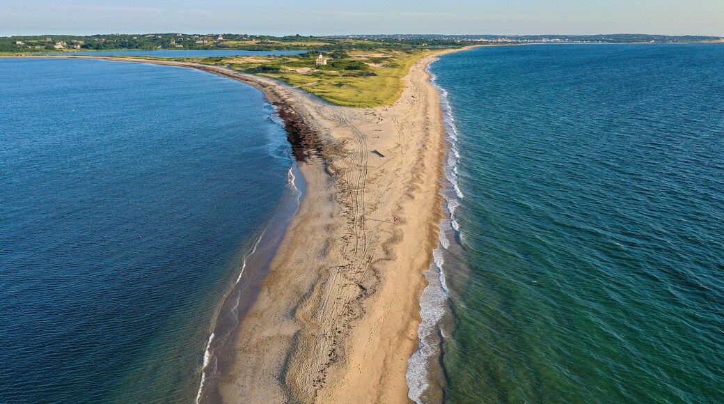 Amazing late afternoon summer aerial photo of the North Lighthouse on Block Island, Rhode Island.