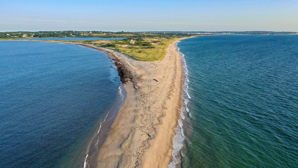 Amazing late afternoon summer aerial photo of the North Lighthouse on Block Island, Rhode Island.