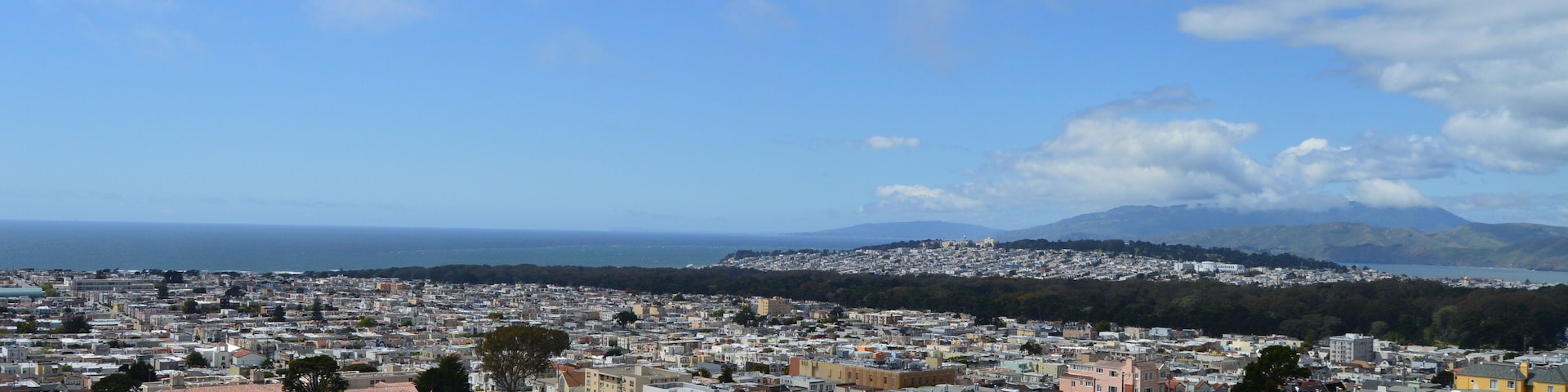 View over several western neighborhoods in San Francisco, including Golden Gate Park, with the Pacific Ocean visible in the background.