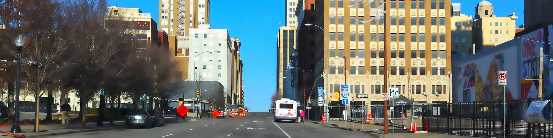 View of downtown Tulsa Oklahoma from the west in HDR with lens flair and beautiful blue sky Tulsa Oklahoma USA 2 25 2018