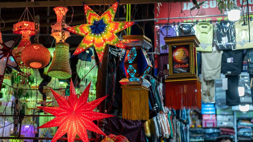 Mumbai , India - 7 November 2023, Kandil paper lanterns are hung for sale during Diwali festival at malad west Mumbai India