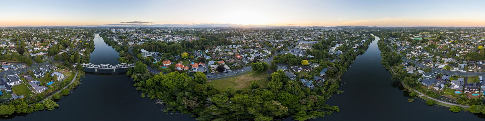 Seamless 360 degree aerial drone panoramic view over the city of Hamilton, captured over the Waikato River in Fairfield, in the Waikato region of New Zealand.