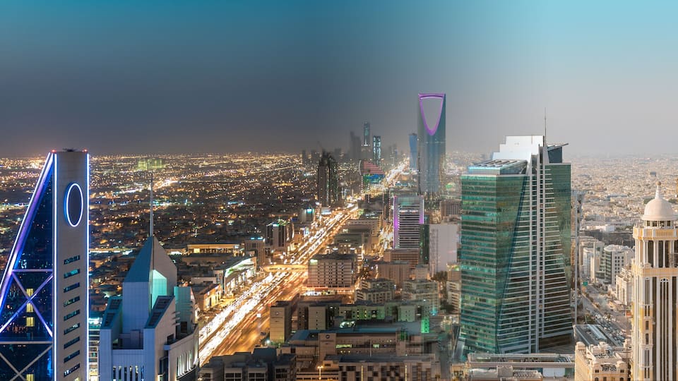 Saudi Arabia Riyadh Landscape Between Day and Night - Riyadh Tower Kingdom Centre, Kingdom Tower, Riyadh Skyline - Burj Al-Mamlaka, AlMamlakah - Riyadh at Daylight and Night Time - Tower View