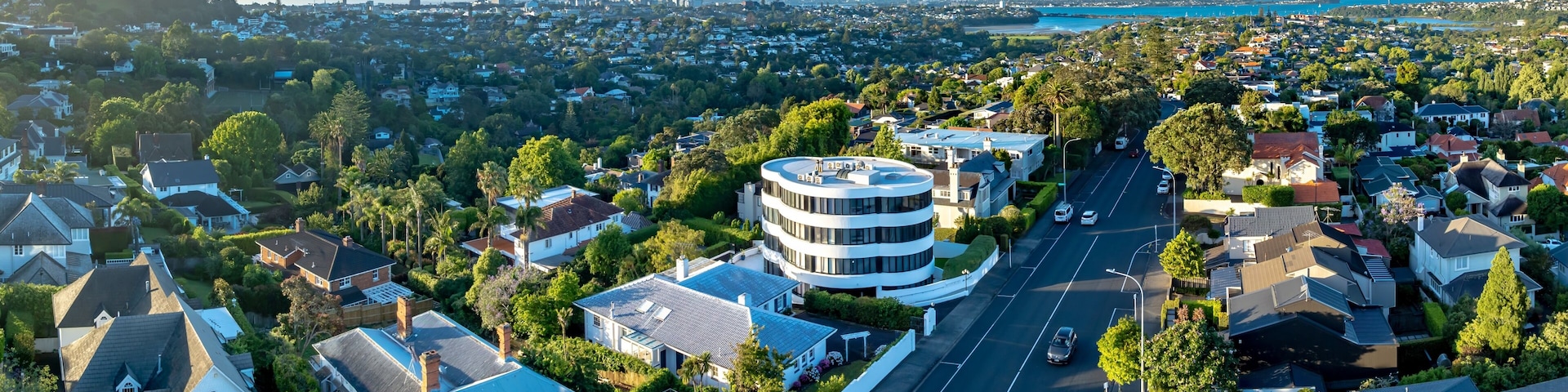 Aerial view of Remuera, Auckland, New Zealand, showcasing residential homes and a modern apartment building. The city skyline is visible in the distance, highlighting urban development.