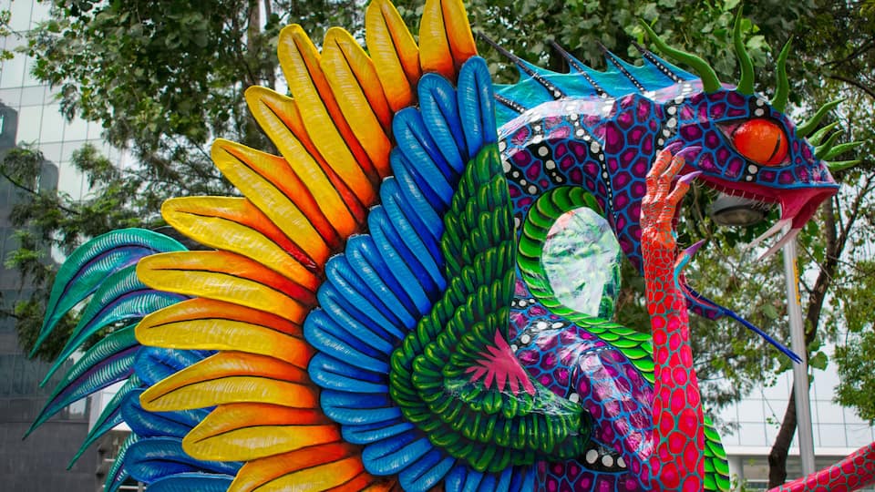 Nov-2018, Mexico City. Day of the dead celebration, colorful craftsmanship of popular skulls and magic creatures Alebrijes on Reforma avenue
