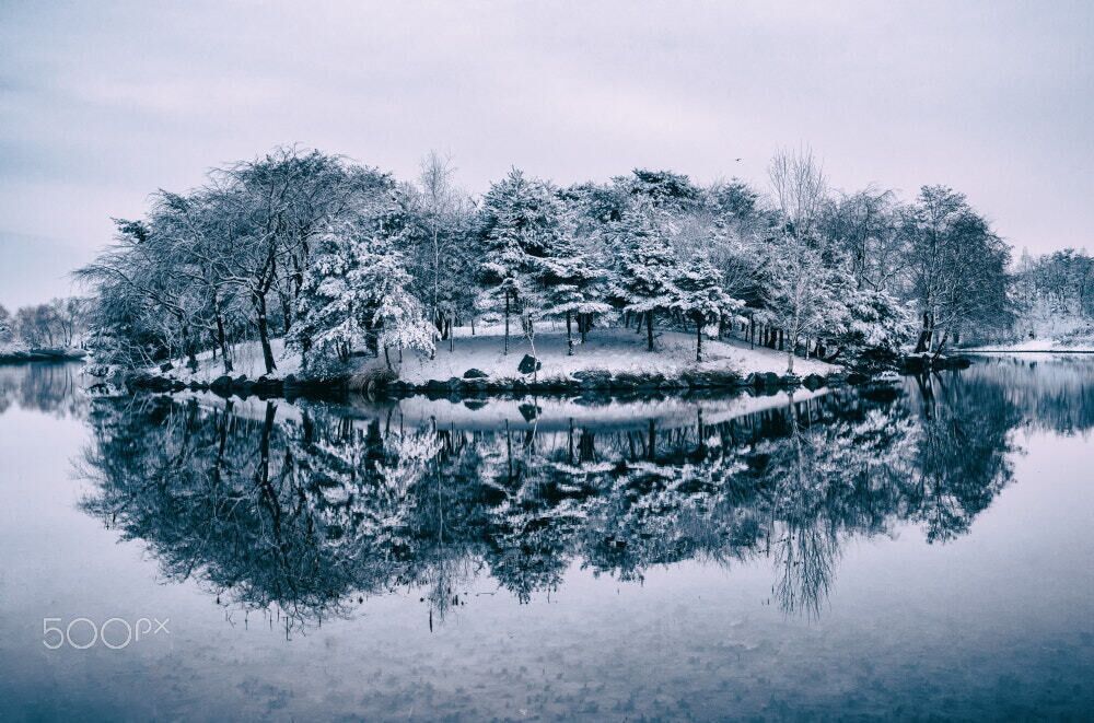 500px provided description: Reflection of snow on the small island of the lake. [#sky ,#landscape ,#lake ,#winter ,#water ,#reflection ,#nature ,#river ,#tree ,#monochrome ,#no person]