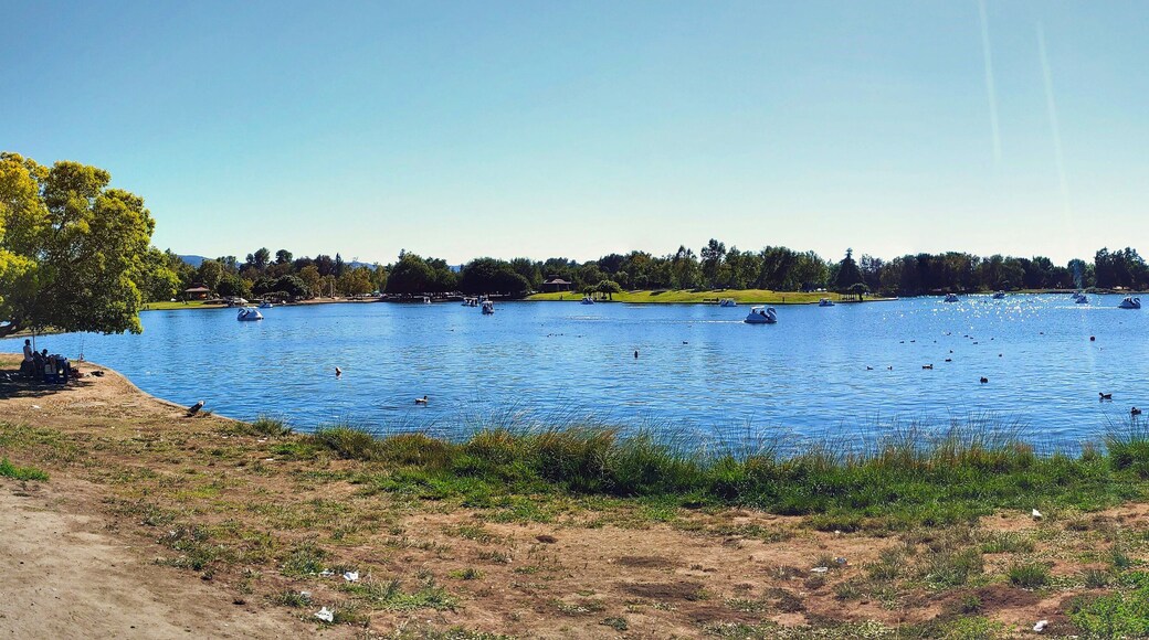 a majestic panorama shot of a gorgeous summer landscape with the vast blue waters of Lake Balboa surrounded by lush green trees and grass with blue sky in Los Angeles California USA