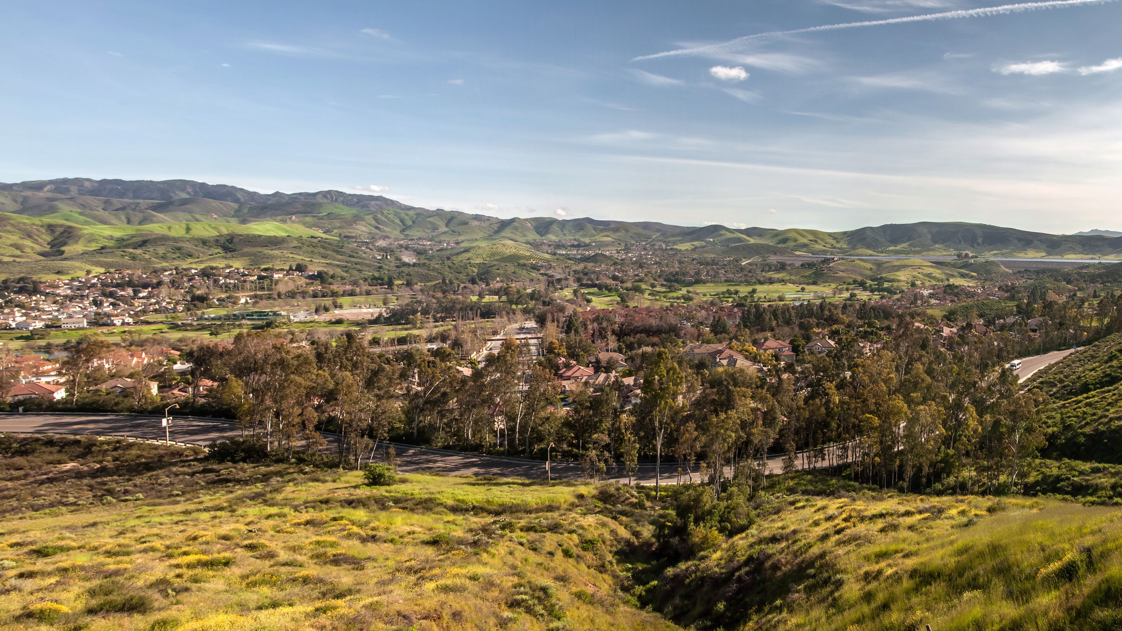 Aerial view of suburban Simi Valley near Los Angeles, Southern California, spring