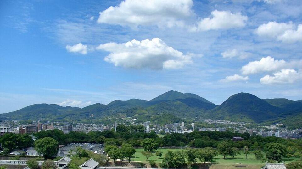 Mount Kinpo (Kinpo-zan) in Kumamoto City, Kumamoto Prefecture, Japan, as seen from the Kumamoto Castle keep tower