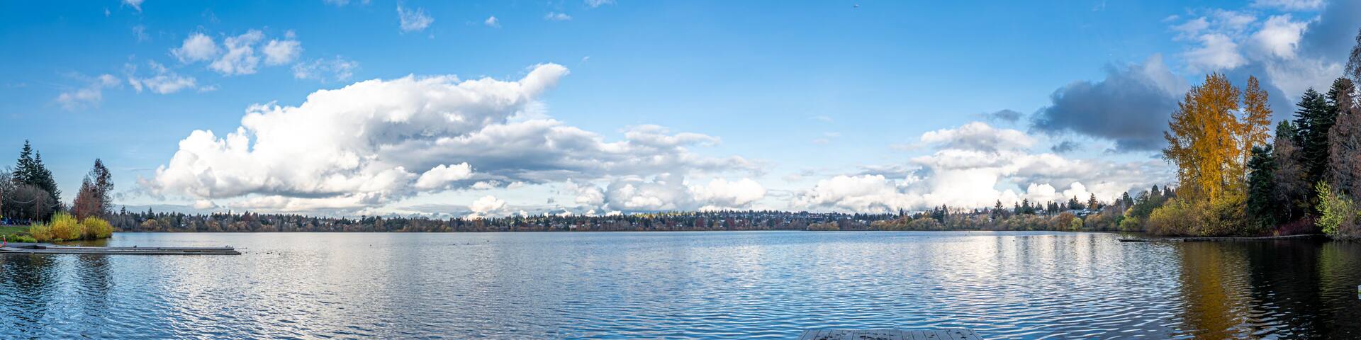 A calm lake with a wooden dock extending into the water, surrounded by trees and a distant city skyline under a partly cloudy sky.