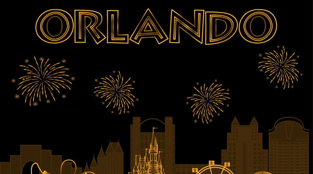 Orlando, Florida. July 22, 2019 Orlando gold lettering on black background. Vector with travel icons and fireworks. Travel Postcard